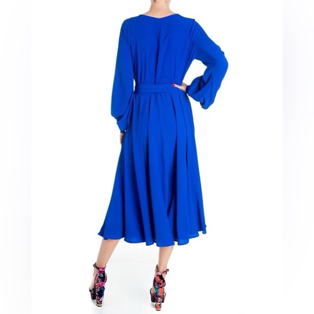 MEGHAN L.A. Royal blue long sleeve faux wrap FABULOUS LILYPAD midi dress size L. - Picture 2 of 16